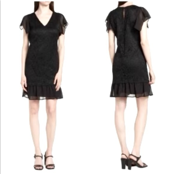 NWT Sam Edelman Flutter Sleeve Lace and Chiffon Dress Black Size 14 - Picture 1 of 7